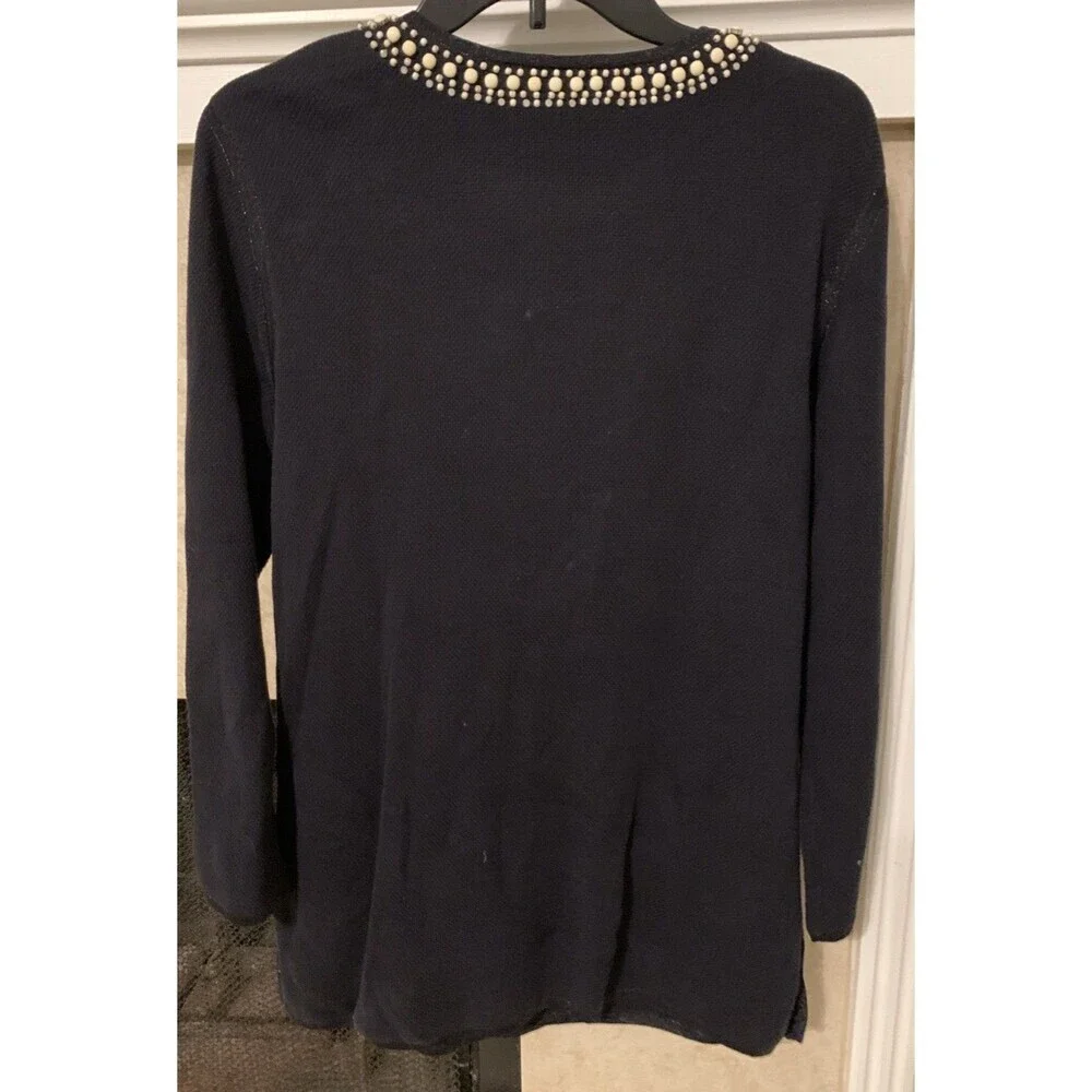 Tory Burch Embellished Black Sweater Tunic Beaded Floral  Size M Cotton